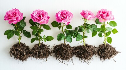 Symmetrical Arrangement of Five Pink Roses with Exposed Roots on White Textured Background, Vibrant Blooming Flowers, Green Leaves and Earthy Soil, Creating Natural Beauty and