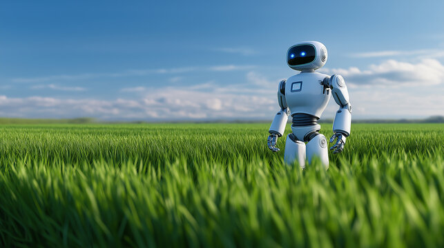 Humanoid robot walking through a green agricultural field under blue sky.

