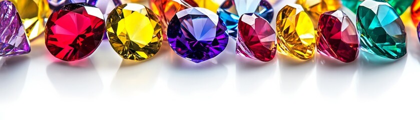 Fototapeta premium Vibrant Row of Precisely Cut Multicolored Gemstones with Bright Reflections on Glossy White Surface, Showcasing Luxury, Brilliance and Fine Jewelry Material in a Close-Up Still Life