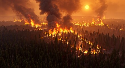 Obraz premium Aerial View of Devastating Wildfire Consuming Forest under a Fiery Sunset Sky, Revealing the Impact of Climate Change and Environmental Destruction