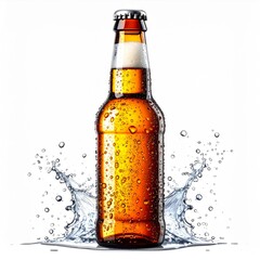 Golden Beer Bottle with Water Splash on White Background