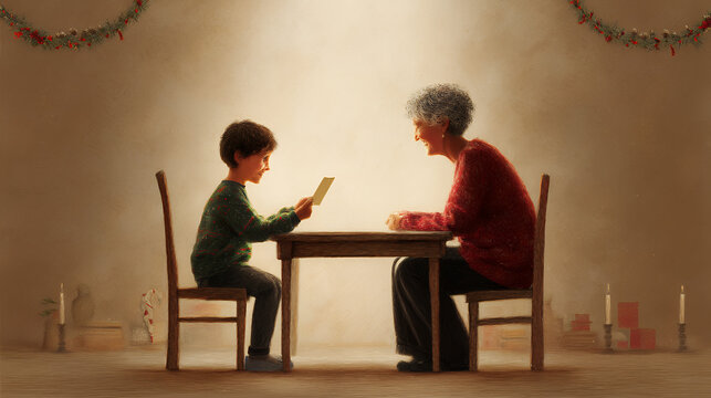An affectionate illustration of a grandmother and her grandson seated at a table playing a card game together. The image reflects warmth, connection, and joyful moments shared between generations in a