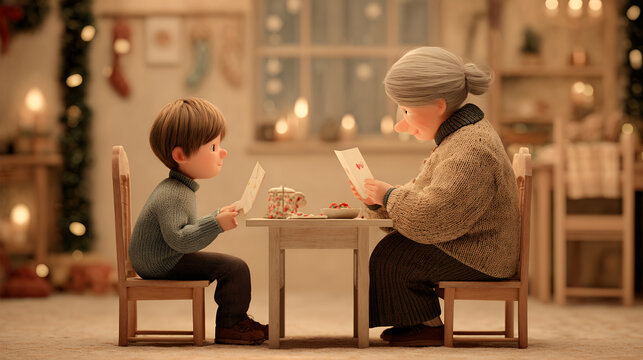 An affectionate illustration of a grandmother and her grandson seated at a table playing a card game together. The image reflects warmth, connection, and joyful moments shared between generations in a