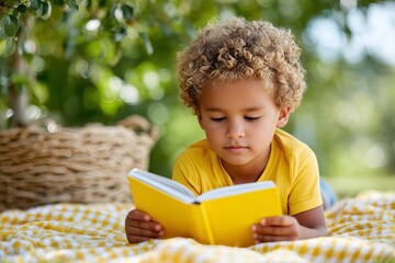 Young Child Reading Book Outdoors On Blanket In Sunlight Focused Close Up Portrait