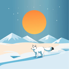 Fototapeta premium Frozen Tundra – Permafrost patterns, arctic fox in mid-step, low winter sun casting long shadows. 