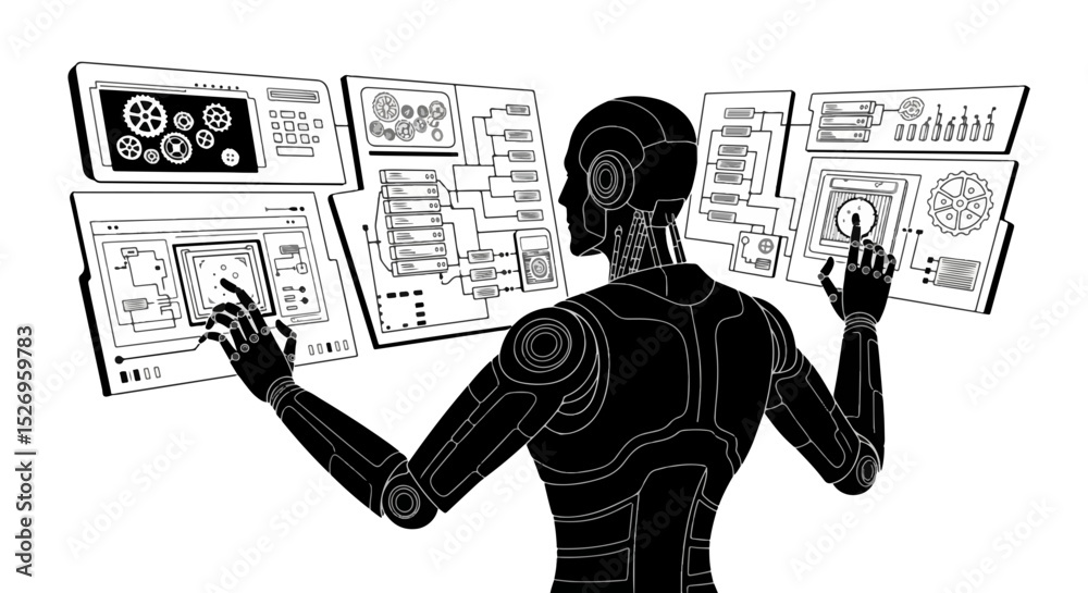 Poster futuristic robot interface a black and white illustration of an android interacting with multiple di