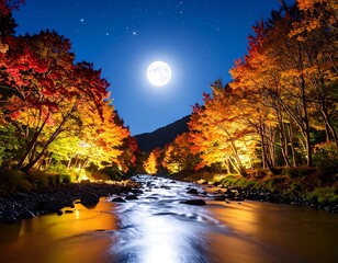 Autumnal river under moonlight