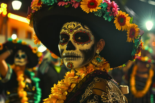 Woman in a sombrero with a face painted with a skeleton and flowers