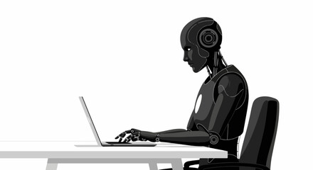 Monochrome Robot Working on a Laptop at a Desk Illustrating Artificial Intelligence and the Future of Technology in the Workplace