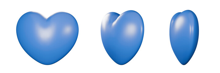 Three Blue Hearts Angled at Different Rotation Steps on Transparent Background for Easy Compositing. Perfect Valentine's Day Symbols Showing Progressive Motion for Romance and Love Design Projects
