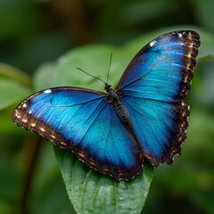 A captivating close-up of a vibrant blue butterfly perched gracefully on a green leaf, showcasing its intricate details and delicate beauty