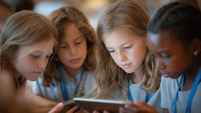 Young girls engaging in tech-focused learning in a library corner