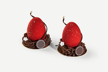Two red easter eggs sitting in chocolate nests decorated with gold and flowers