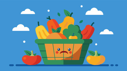 Fototapeta premium A basket overflowing with just a few measly zucchinis and a few sad looking bell peppers serving as a visual representation of the strain on household budgets.. Vector illustration