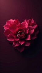 Deep burgundy floral heart shape, lush petals , bloom, gerbera, anemone