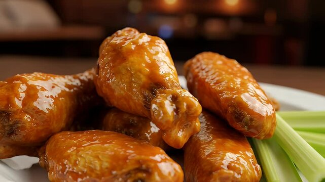 Close Up Of Chicken Wings With Celery On A Plate