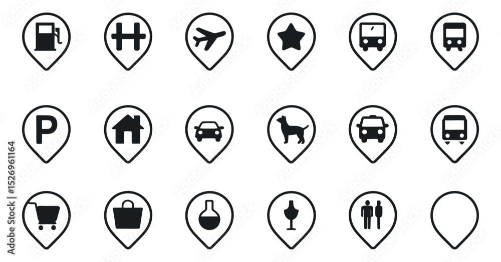 Aufkleber set of black and white location pin icons for maps and navigation applications representing various 