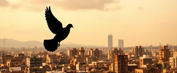 Dove silhouette against war-torn cityscape background, graphic, vulnerable