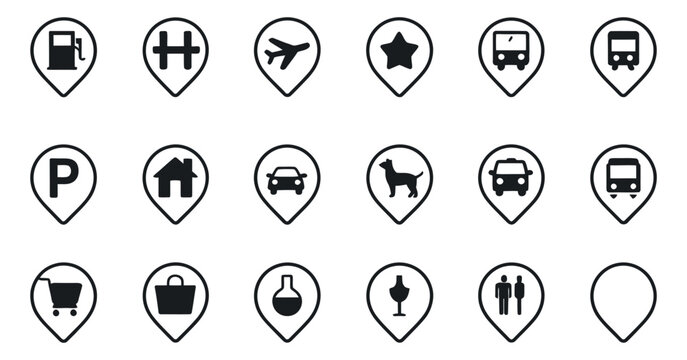 Set of Black and White Location Pin Icons for Maps and Navigation Applications Representing Various Points of Interest and Services