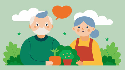 An adorable illustration of an elderly couple tending to their vegetable garden with a text bubble stating the brainboosting benefits of eating fresh and homegrown produce.. Vector illustration