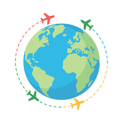 Global Travel Concept with Airplanes Flying Around the World Representing International Destinations and Worldwide Transportation Isolated on White