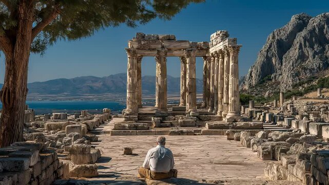 Man Meditating at Ancient Delphi Ruins, Greece, Serenity, History, Travel Destination, Temple of Apollo, Mountain Scenery, Spiritual Contemplation