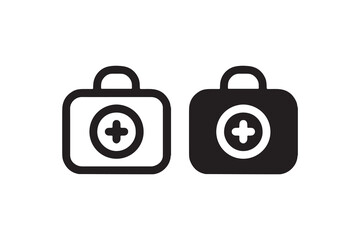 Medical kits with cross and heart symbols in black and white icon design.