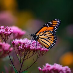 Fototapeta premium A Monarch butterfly gracefully perched on vibrant pink flower, showcasing its stunning colors 
