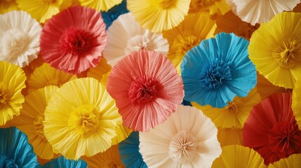 Multicolored paper flowers in various shades.