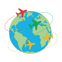 Global Air Travel Routes with Airplanes Circling the Earth Representing International Flights and Worldwide Transportation Networks in a Flat Design