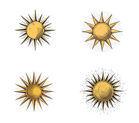 Fototapeta premium Ícones de sol estilizado com efeito radial em estética de racunho