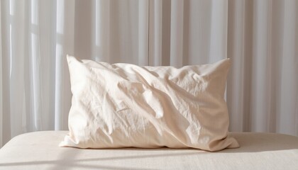 Soft wrinkled pillow on neutral bed with light curtains in cozy bedroom setting