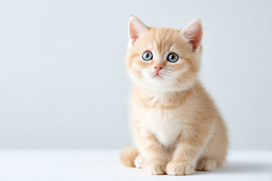 Adorable ginger kitten with bright blue eyes on a geay background with area for text or design
