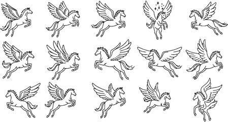 Obraz premium Pegasus flying with open wings line icon. Mythical winged horse symbol in minimal line art style. 