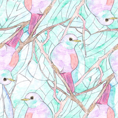 seamless background with birds on branches, nightingale 