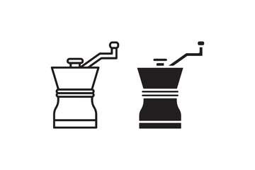 Outline and solid coffee grinder icons on white background.