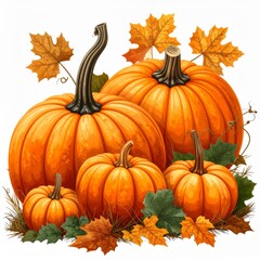Group of Orange Pumpkins with Autumn Leaves
