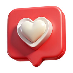 3D Red speech bubble with a white heart inside isolated on transparent background. heart, speech, bubble, love, like, red, white, 3d