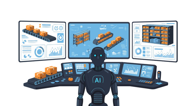 AI Powered Warehouse Management System with Robot Overseeing Operations and Monitoring Data on Multiple Screens for Efficiency and Optimization sleek