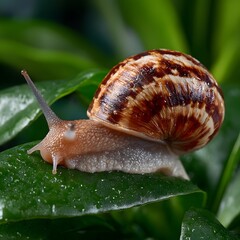 A snail crawls across a dewy leaf
