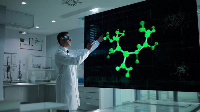Scientist Explores Glowing Molecular Structure Through Augmented Reality in a Futuristic Laboratory Setting