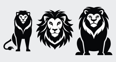lion with mane big cat black silhouette logo set
