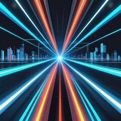 Futuristic city highway, vibrant lights converge