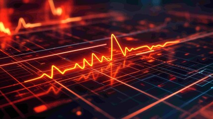 Glowing orange ECG waveform on a dark grid background with abstract tech style