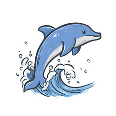 Fototapeta premium lively cartoon of dolphin leaping joyfully out of ocean waves isolated on white background