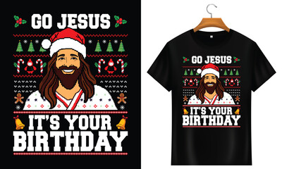 Funny Jesus Birthday Christmas T-Shirt Vector, Ugly Sweater Style Holiday Design