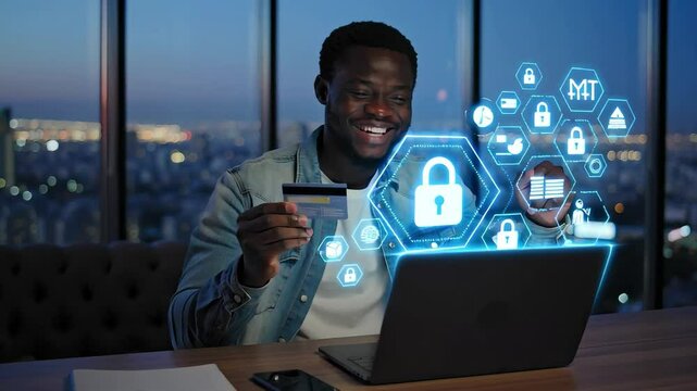 A young entrepreneur in a secure online transaction on his laptop, smiling confidently, glowing digital padlocks and escrow icons overlay