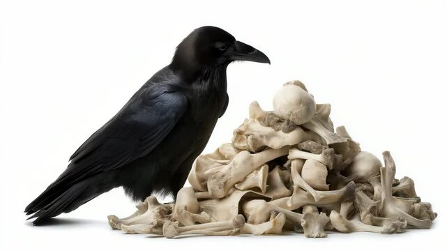 Raven landing gracefully on pile of bones in dramatic sequence