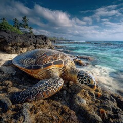 Obraz premium Sea turtle resting on a rocky shore, bathed in the gentle glow of the sun. The scene captures the serene beauty of the ocean and its inhabitants.