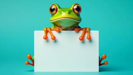 A cute cartoon style frog holding a mock up white board, with copy space for text.